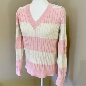 Chaps medium striped cable knit sweater pink white
